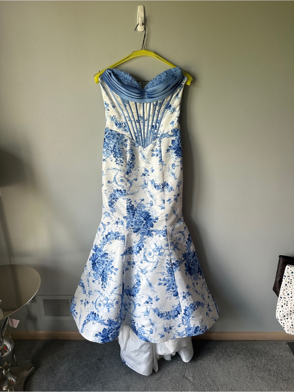 Sherri Hill Blue and White Embroidered Strapless Gown